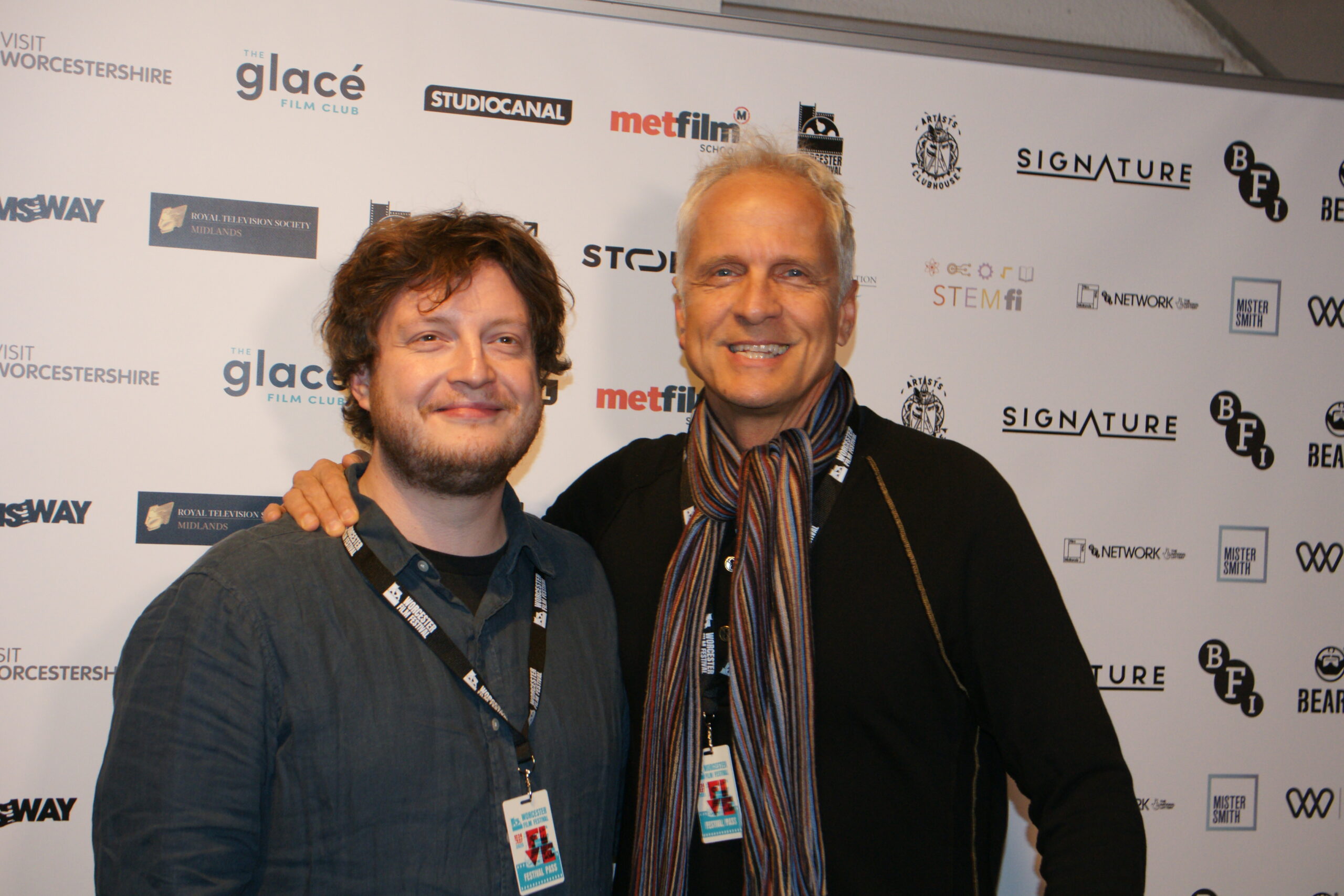 Presenter of The Glacé Film Club podcast, Callum Hyde alongside actor, Patrick Fabian at Worcester Film Festival 2025.